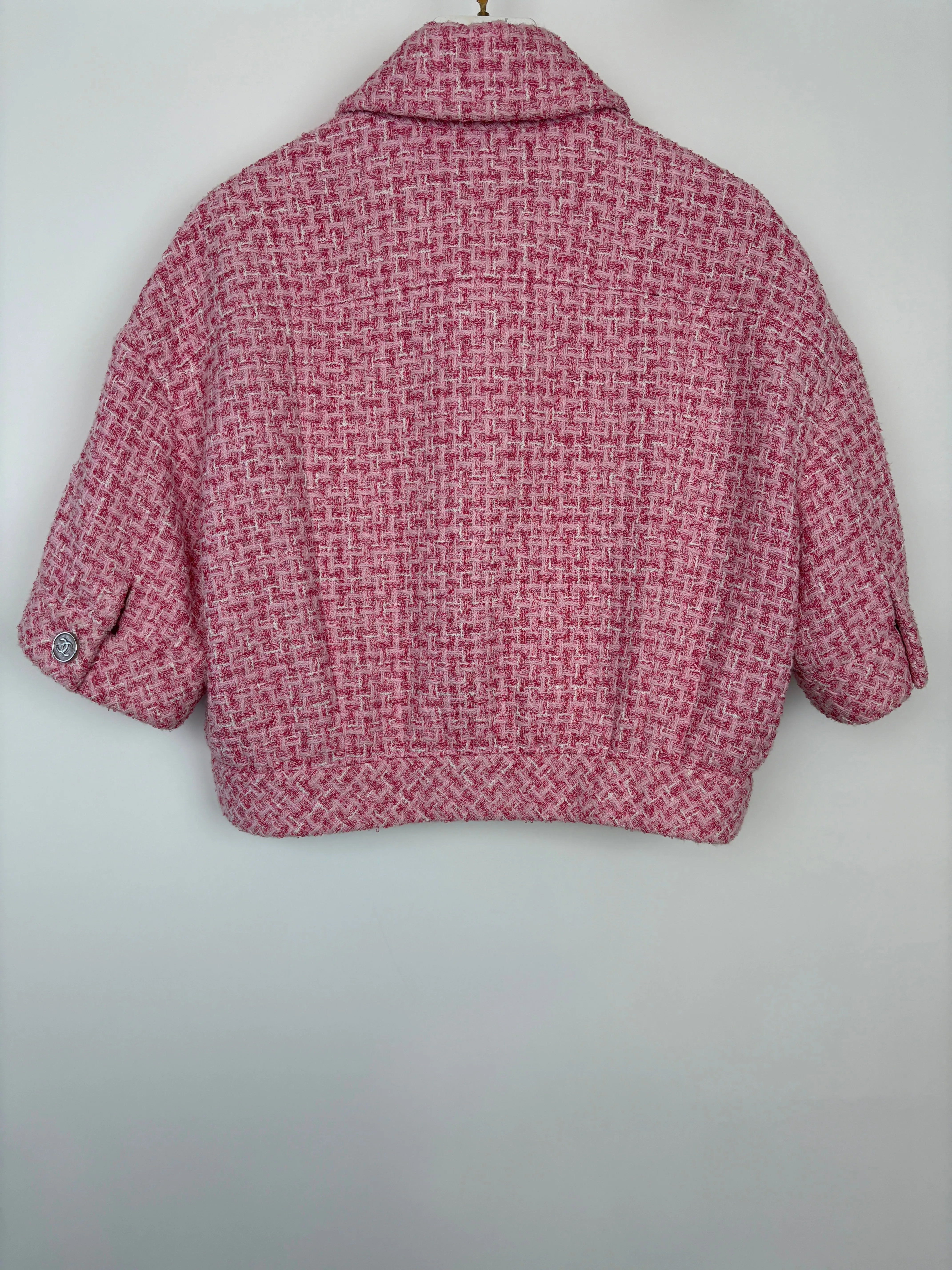 *hot*trendy Inspired  Chanel 2023 Cropped Pink Short Sleeve Tweed Jacket With Silver Cc Buttons Size Fr 36 (uk 8)