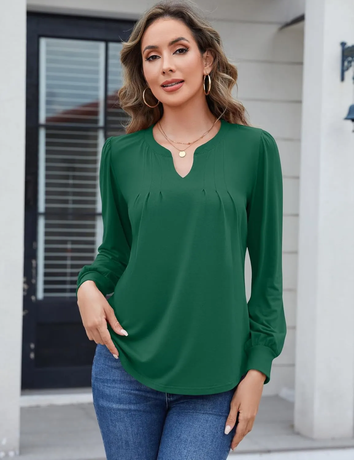 IECCP Women's Work V Neck Shirts Long Sleeve Blouses Dressy Pleated Front Tunic Tops to Hide Belly Fall Clothes