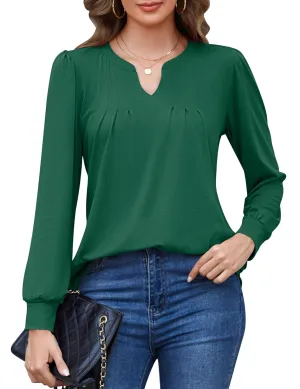 IECCP Women's Work V Neck Shirts Long Sleeve Blouses Dressy Pleated Front Tunic Tops to Hide Belly Fall Clothes