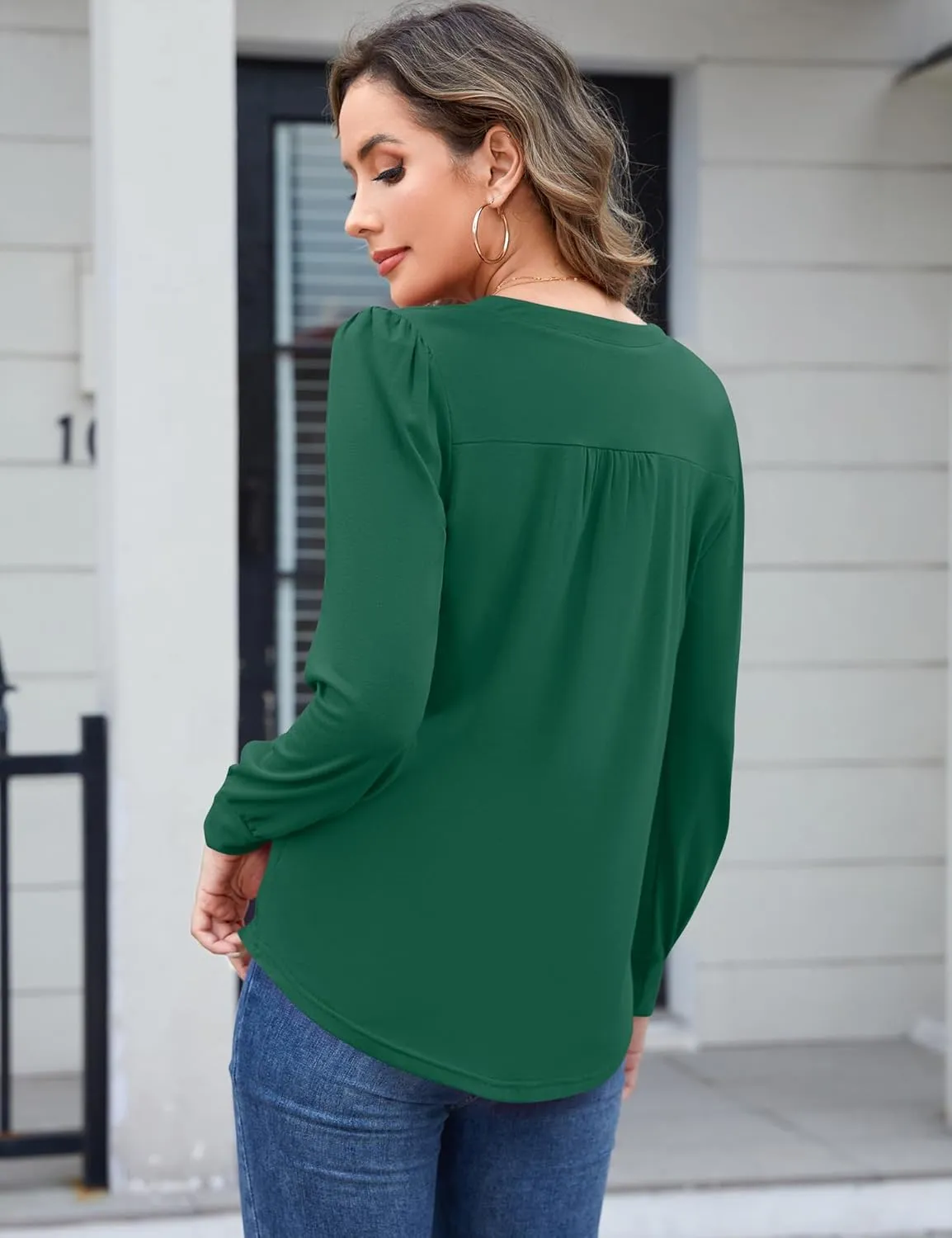 IECCP Women's Work V Neck Shirts Long Sleeve Blouses Dressy Pleated Front Tunic Tops to Hide Belly Fall Clothes