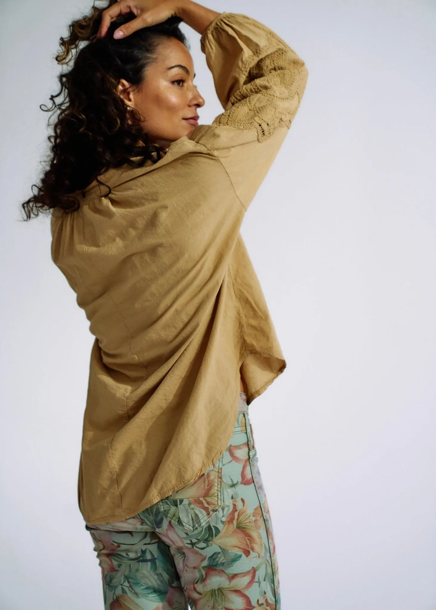 Italian Cotton Blouse with Embroidered Sleeves in Caramel