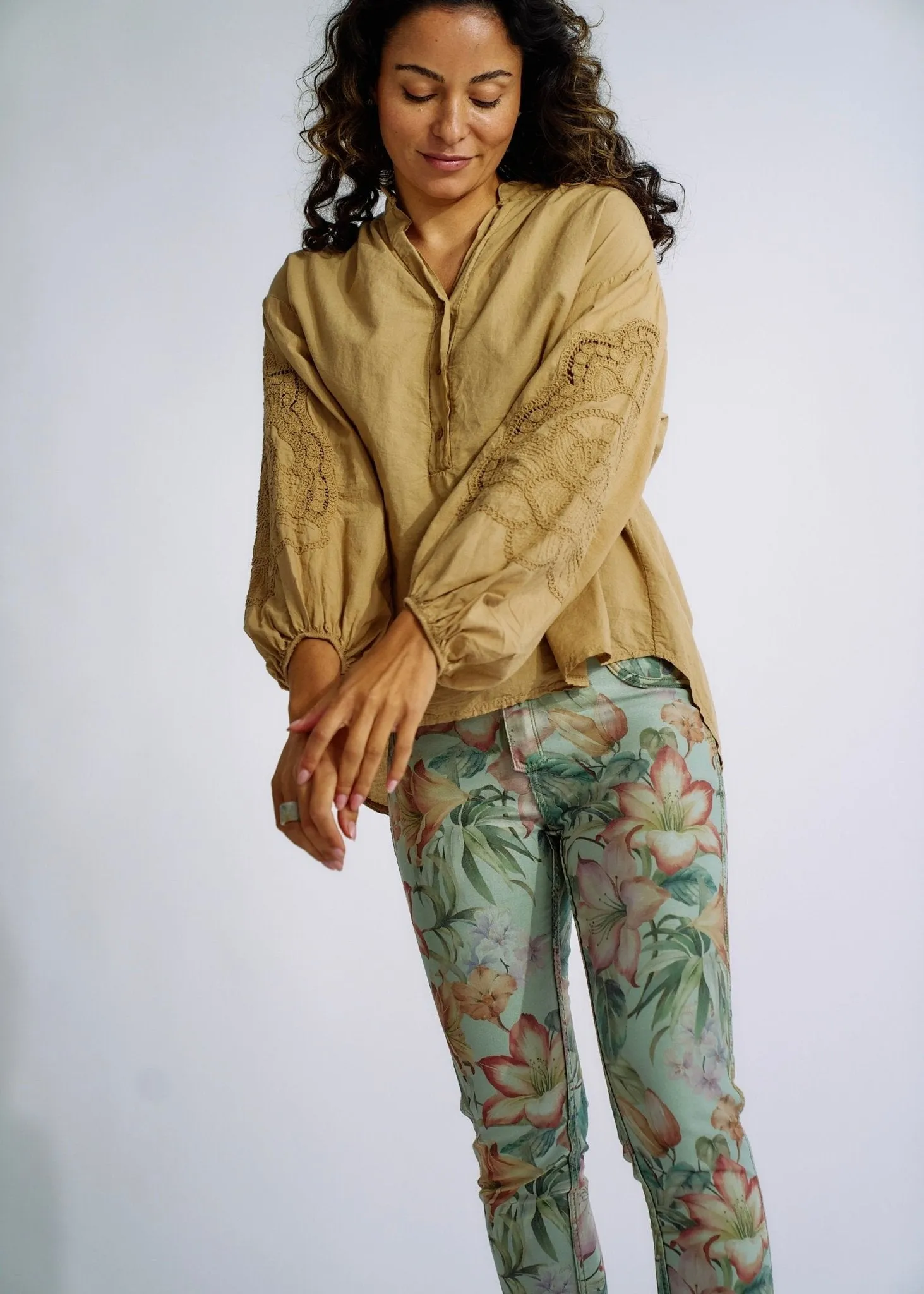 Italian Cotton Blouse with Embroidered Sleeves in Caramel