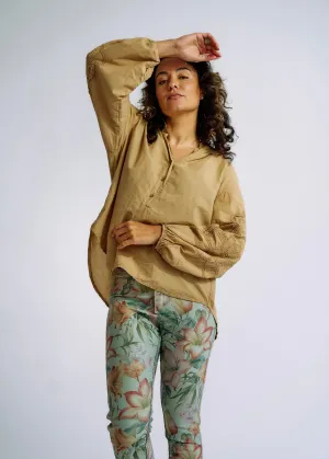 Italian Cotton Blouse with Embroidered Sleeves in Caramel