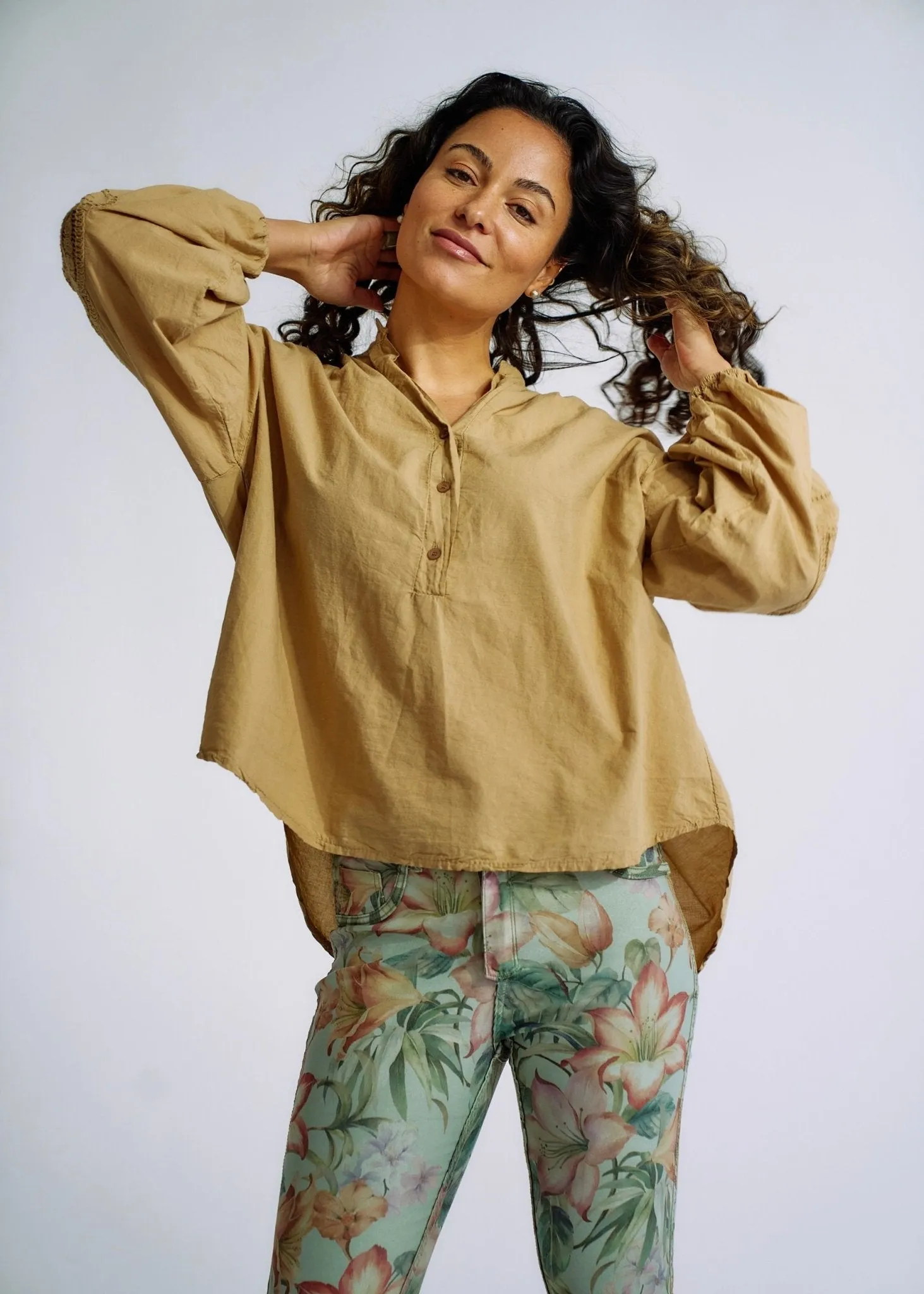 Italian Cotton Blouse with Embroidered Sleeves in Caramel