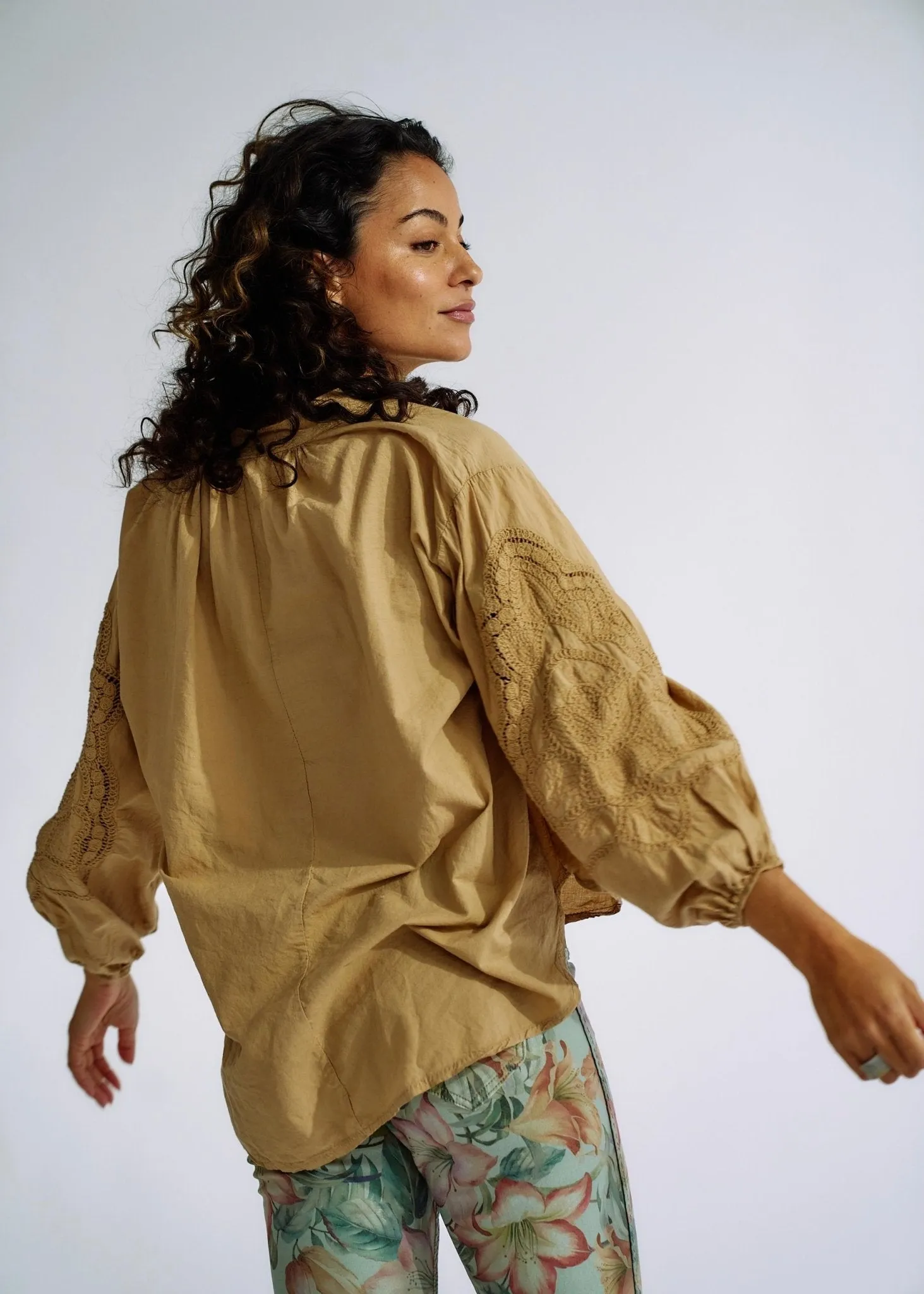 Italian Cotton Blouse with Embroidered Sleeves in Caramel