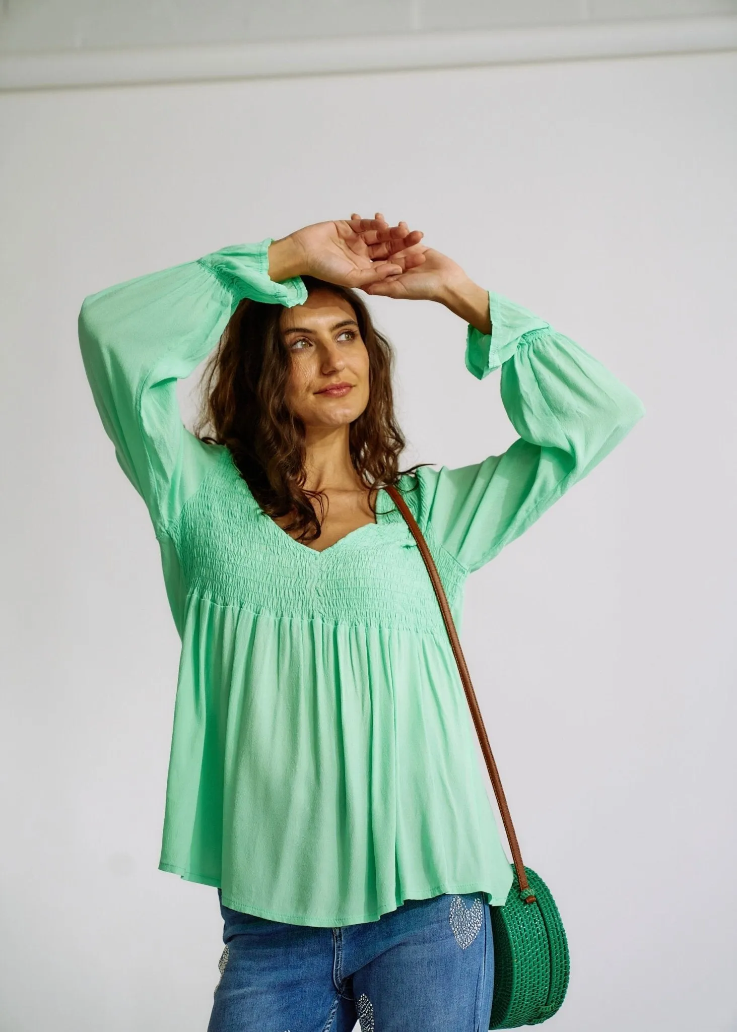 Italian Smock V Neck Blouse in Green