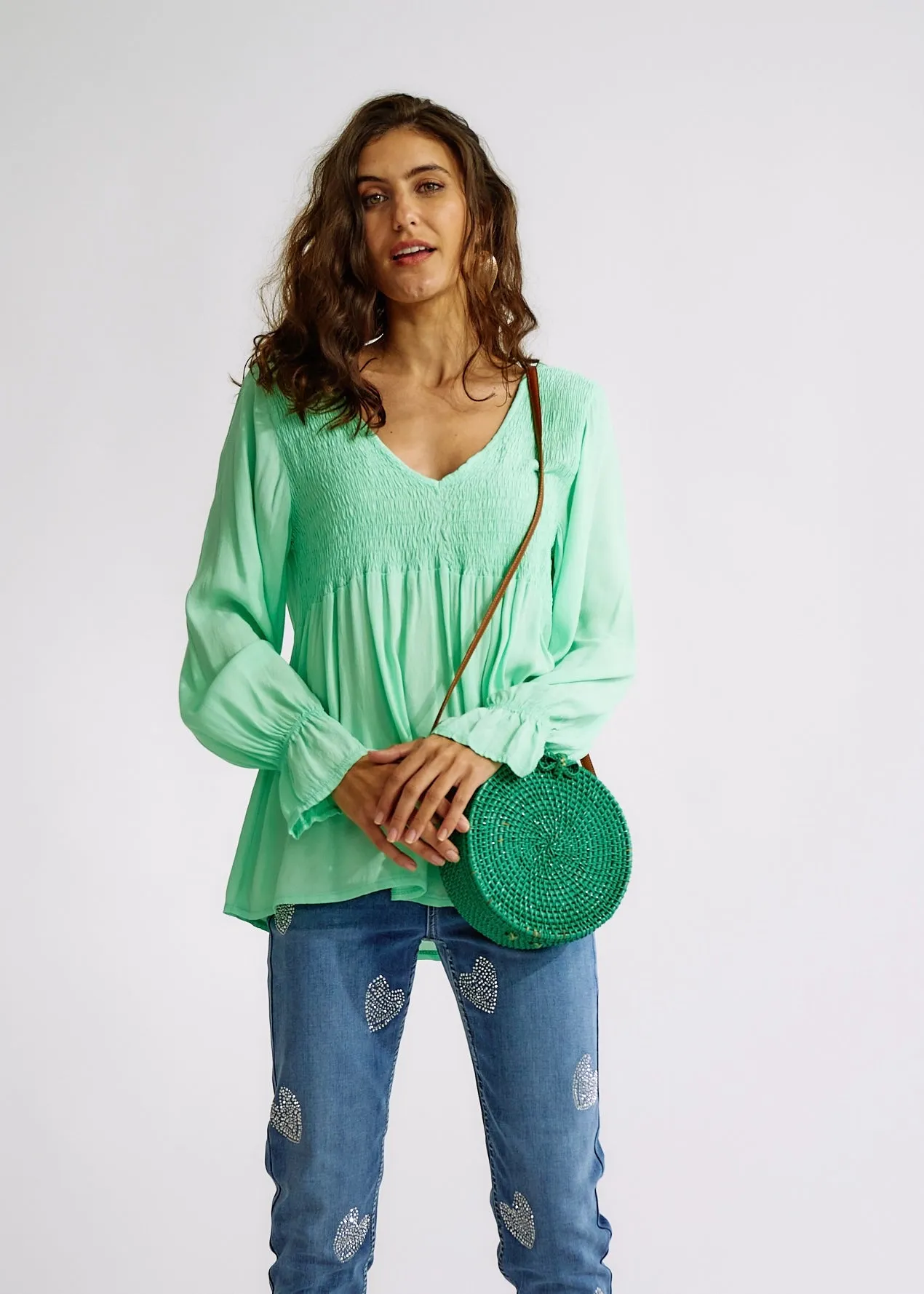 Italian Smock V Neck Blouse in Green