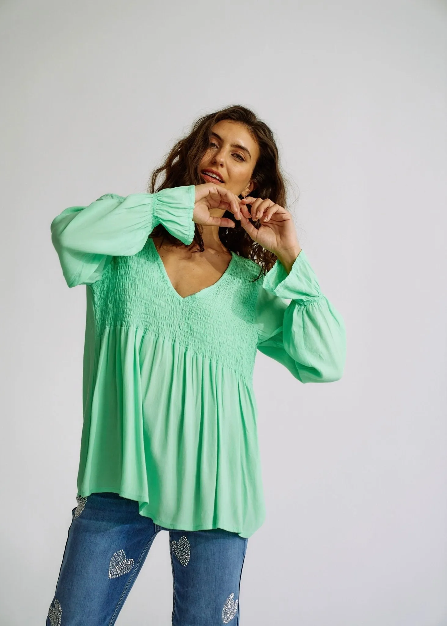Italian Smock V Neck Blouse in Green