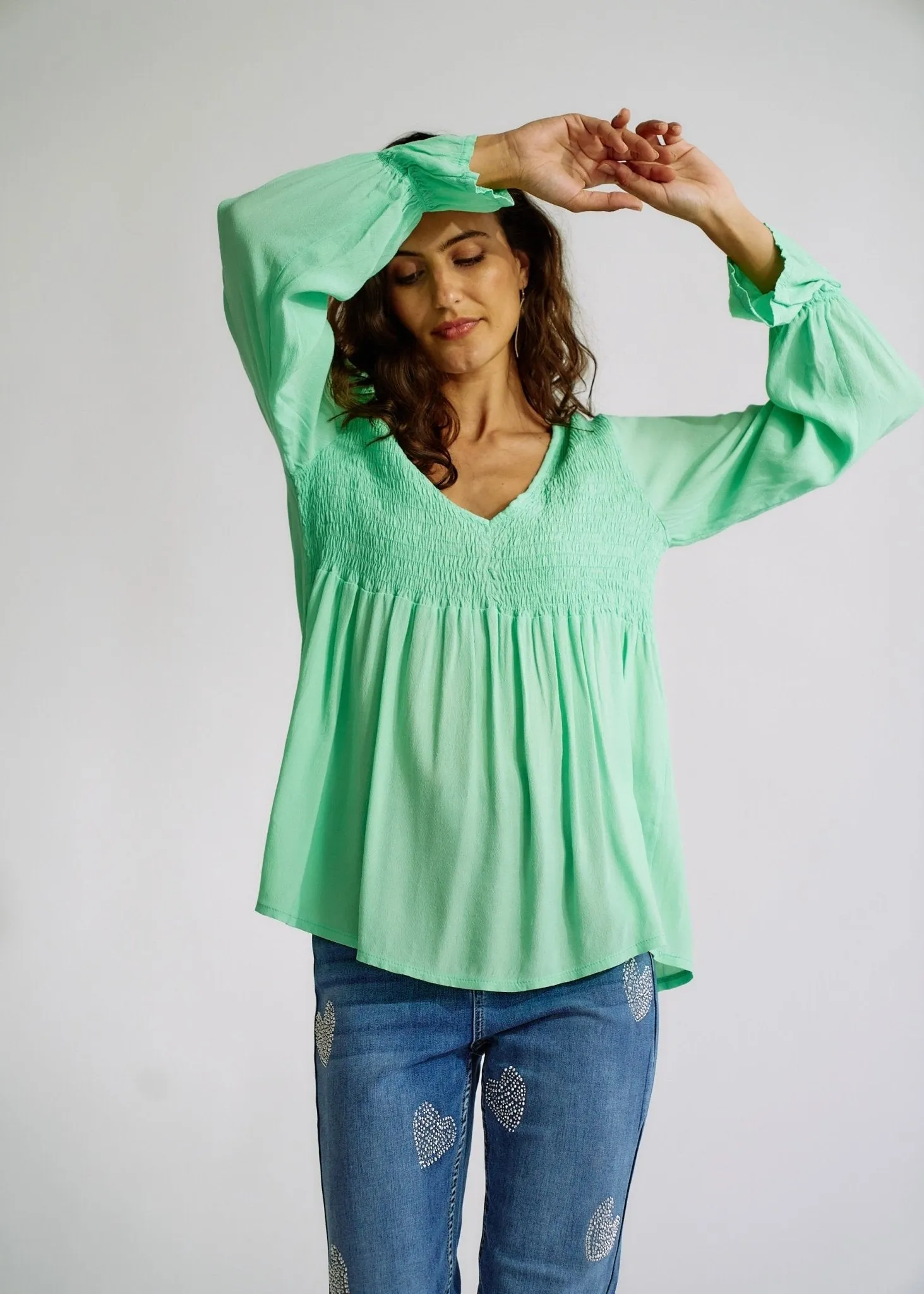 Italian Smock V Neck Blouse in Green