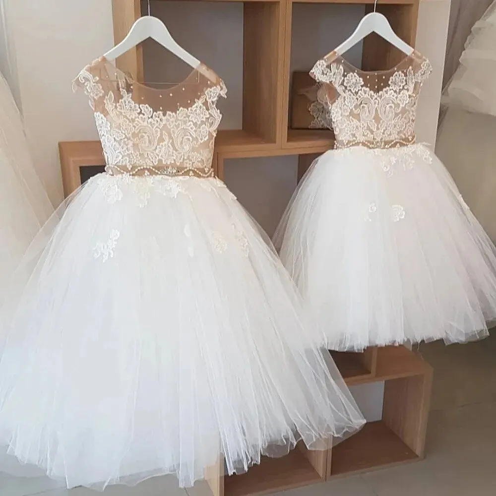 Kids Girls Nude Crystal Pearls Belt First Communion Dresses