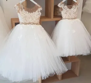 Kids Girls Nude Crystal Pearls Belt First Communion Dresses