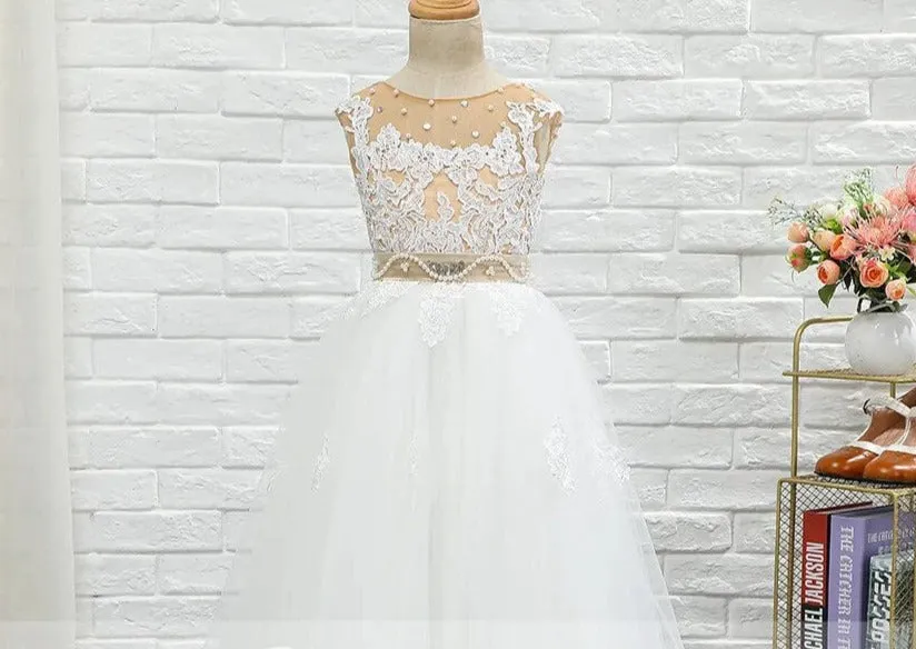 Kids Girls Nude Crystal Pearls Belt First Communion Dresses
