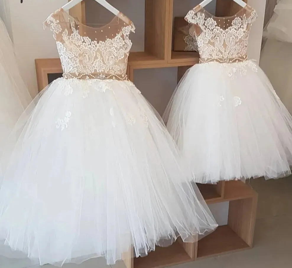 Kids Girls Nude Crystal Pearls Belt First Communion Dresses