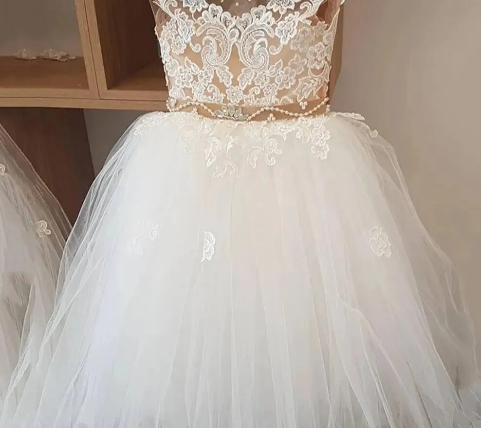 Kids Girls Nude Crystal Pearls Belt First Communion Dresses