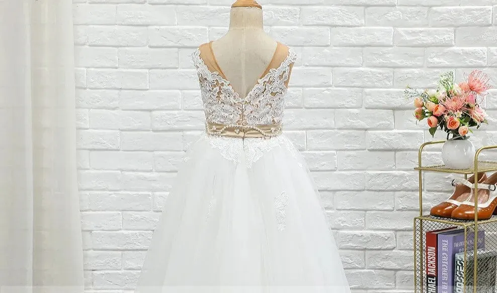 Kids Girls Nude Crystal Pearls Belt First Communion Dresses
