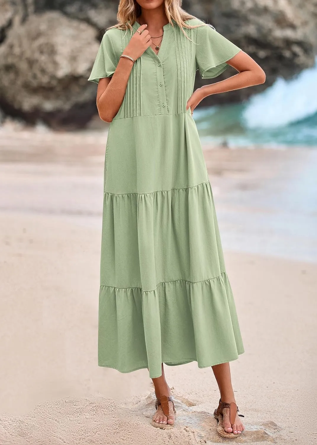 KIRUNDO Summer Maxi Dresses for Women 2025 Spring Fashion Short Sleeve Button V Neck Pleated Loose Tiered Swing Flowy Dress