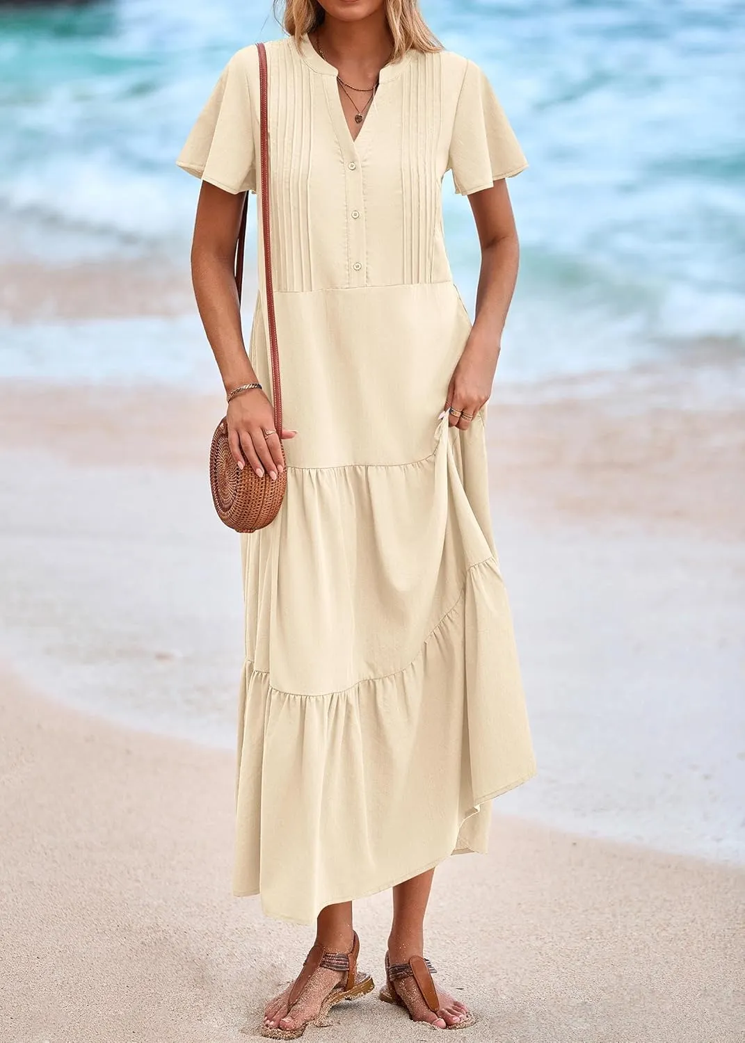 KIRUNDO Summer Maxi Dresses for Women 2025 Spring Fashion Short Sleeve Button V Neck Pleated Loose Tiered Swing Flowy Dress