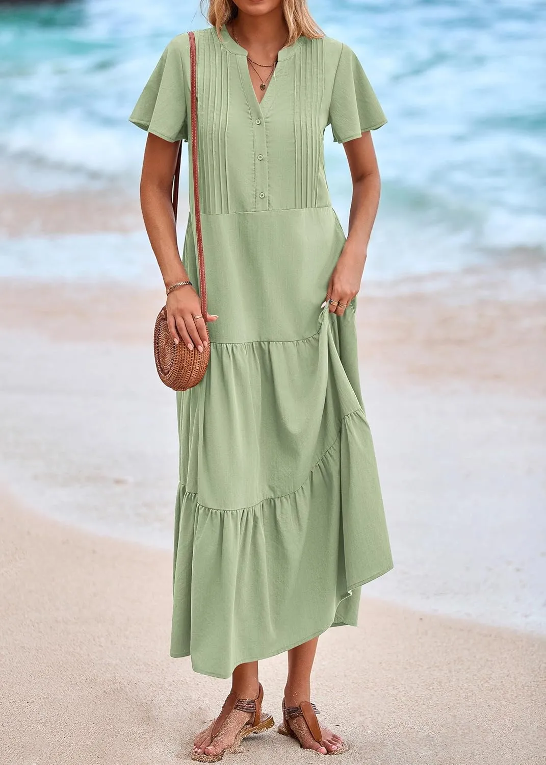 KIRUNDO Summer Maxi Dresses for Women 2025 Spring Fashion Short Sleeve Button V Neck Pleated Loose Tiered Swing Flowy Dress