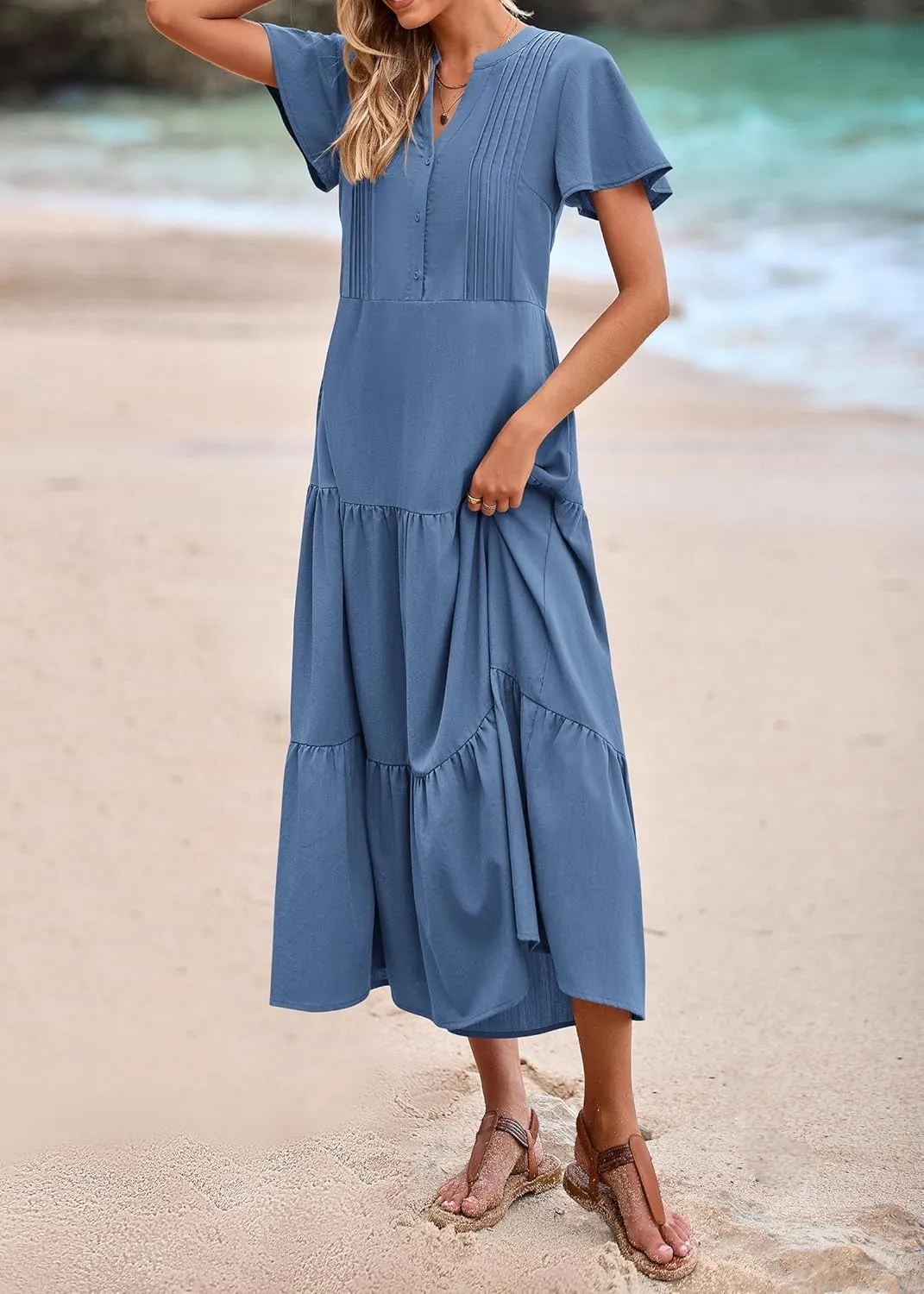 KIRUNDO Summer Maxi Dresses for Women 2025 Spring Fashion Short Sleeve Button V Neck Pleated Loose Tiered Swing Flowy Dress