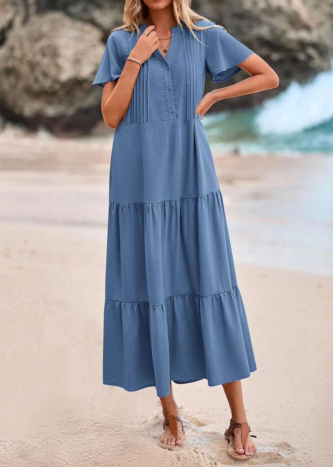 KIRUNDO Summer Maxi Dresses for Women 2025 Spring Fashion Short Sleeve Button V Neck Pleated Loose Tiered Swing Flowy Dress