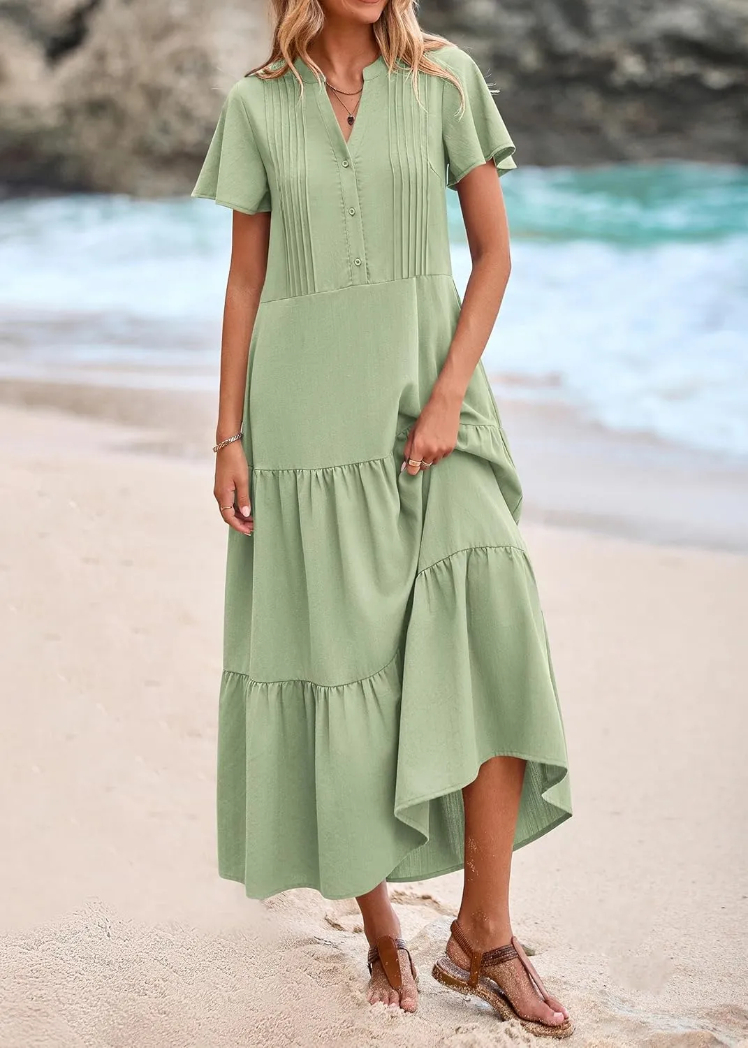 KIRUNDO Summer Maxi Dresses for Women 2025 Spring Fashion Short Sleeve Button V Neck Pleated Loose Tiered Swing Flowy Dress