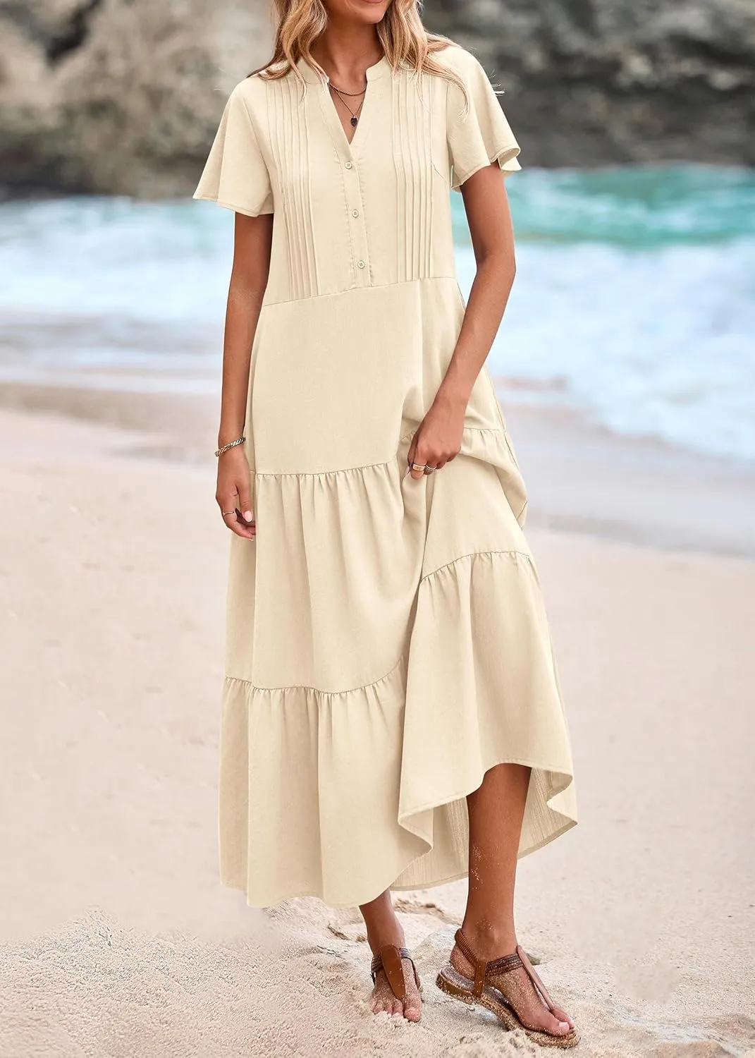 KIRUNDO Summer Maxi Dresses for Women 2025 Spring Fashion Short Sleeve Button V Neck Pleated Loose Tiered Swing Flowy Dress