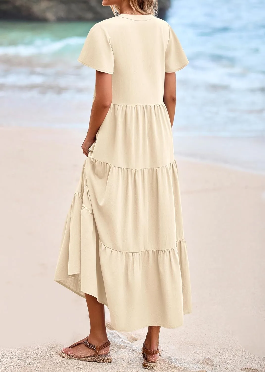 KIRUNDO Summer Maxi Dresses for Women 2025 Spring Fashion Short Sleeve Button V Neck Pleated Loose Tiered Swing Flowy Dress