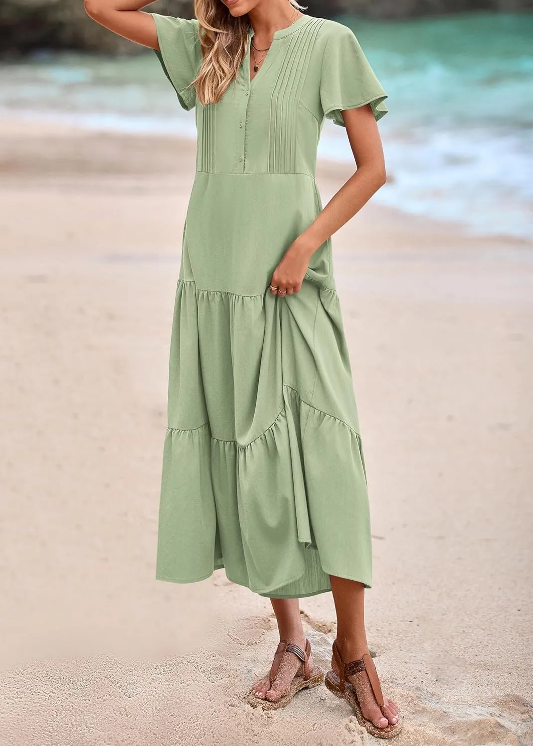 KIRUNDO Summer Maxi Dresses for Women 2025 Spring Fashion Short Sleeve Button V Neck Pleated Loose Tiered Swing Flowy Dress