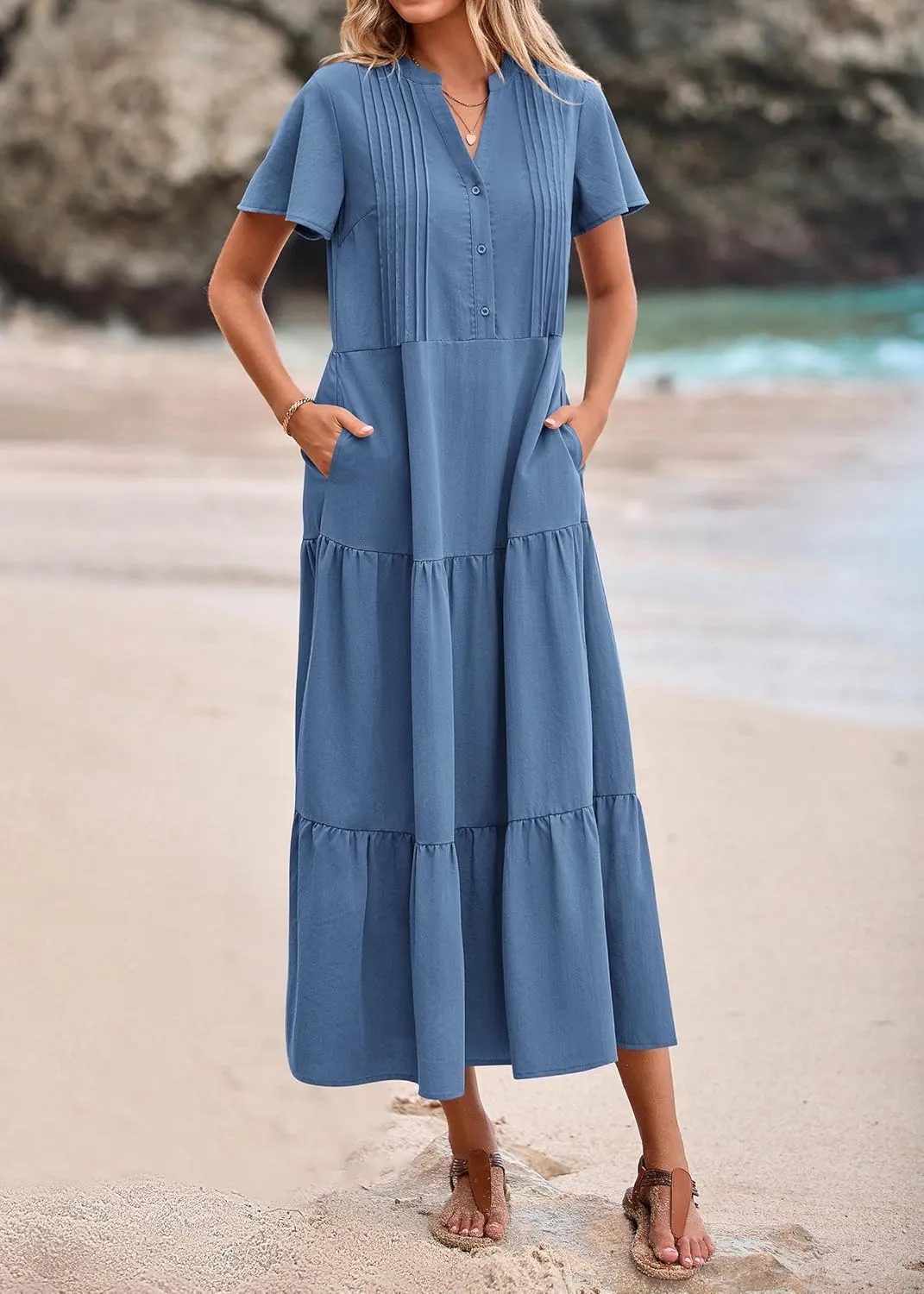 KIRUNDO Summer Maxi Dresses for Women 2025 Spring Fashion Short Sleeve Button V Neck Pleated Loose Tiered Swing Flowy Dress