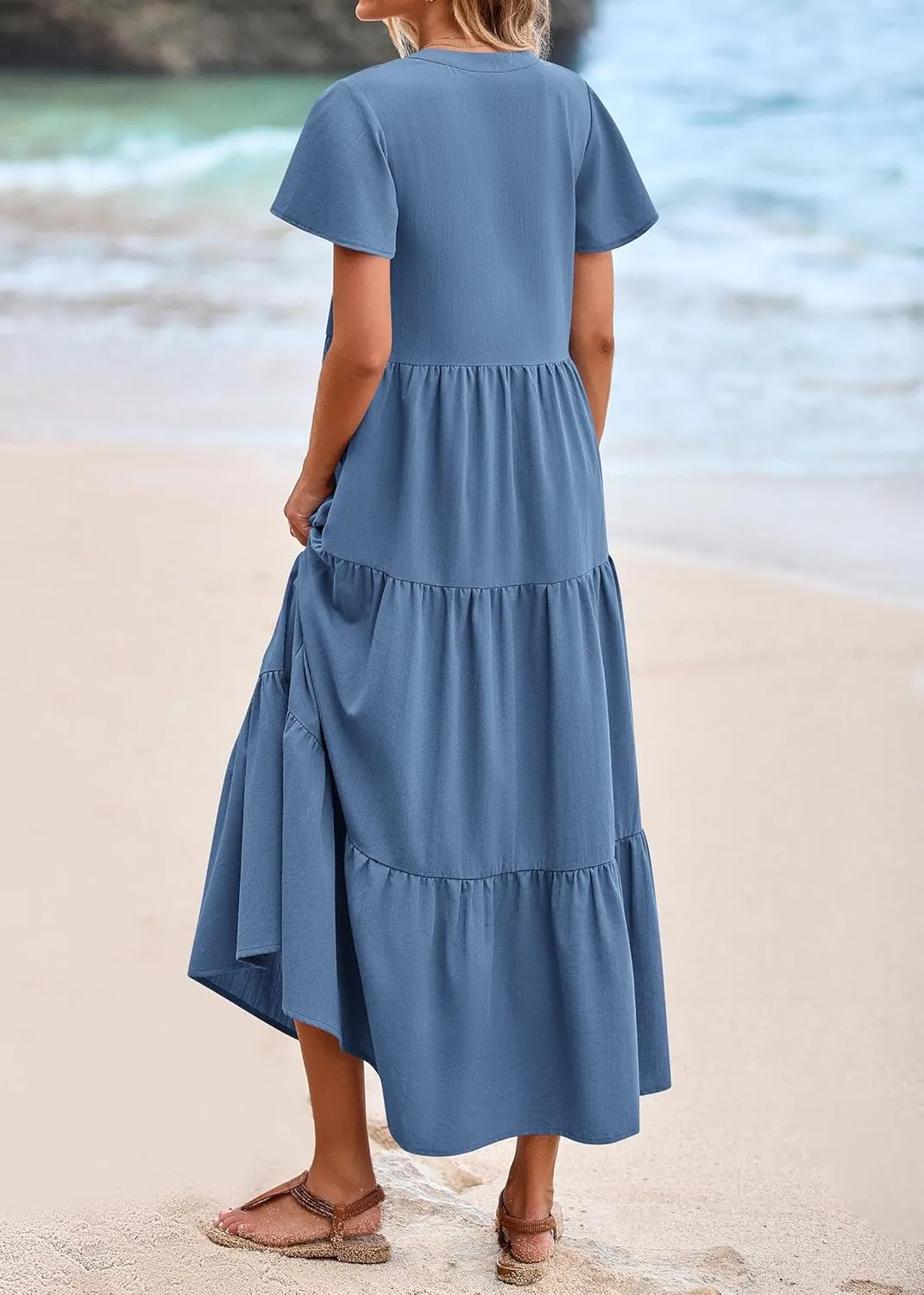 KIRUNDO Summer Maxi Dresses for Women 2025 Spring Fashion Short Sleeve Button V Neck Pleated Loose Tiered Swing Flowy Dress