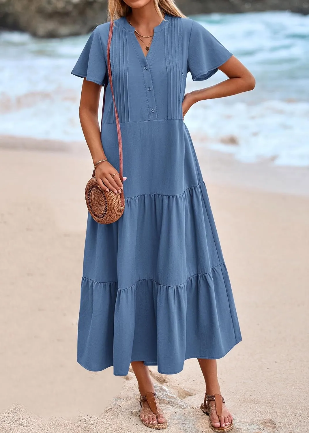 KIRUNDO Summer Maxi Dresses for Women 2025 Spring Fashion Short Sleeve Button V Neck Pleated Loose Tiered Swing Flowy Dress