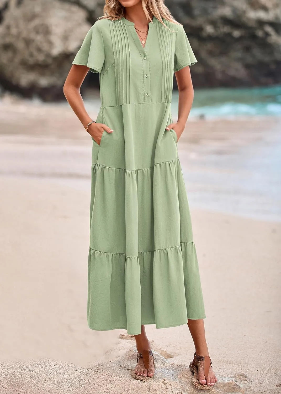 KIRUNDO Summer Maxi Dresses for Women 2025 Spring Fashion Short Sleeve Button V Neck Pleated Loose Tiered Swing Flowy Dress