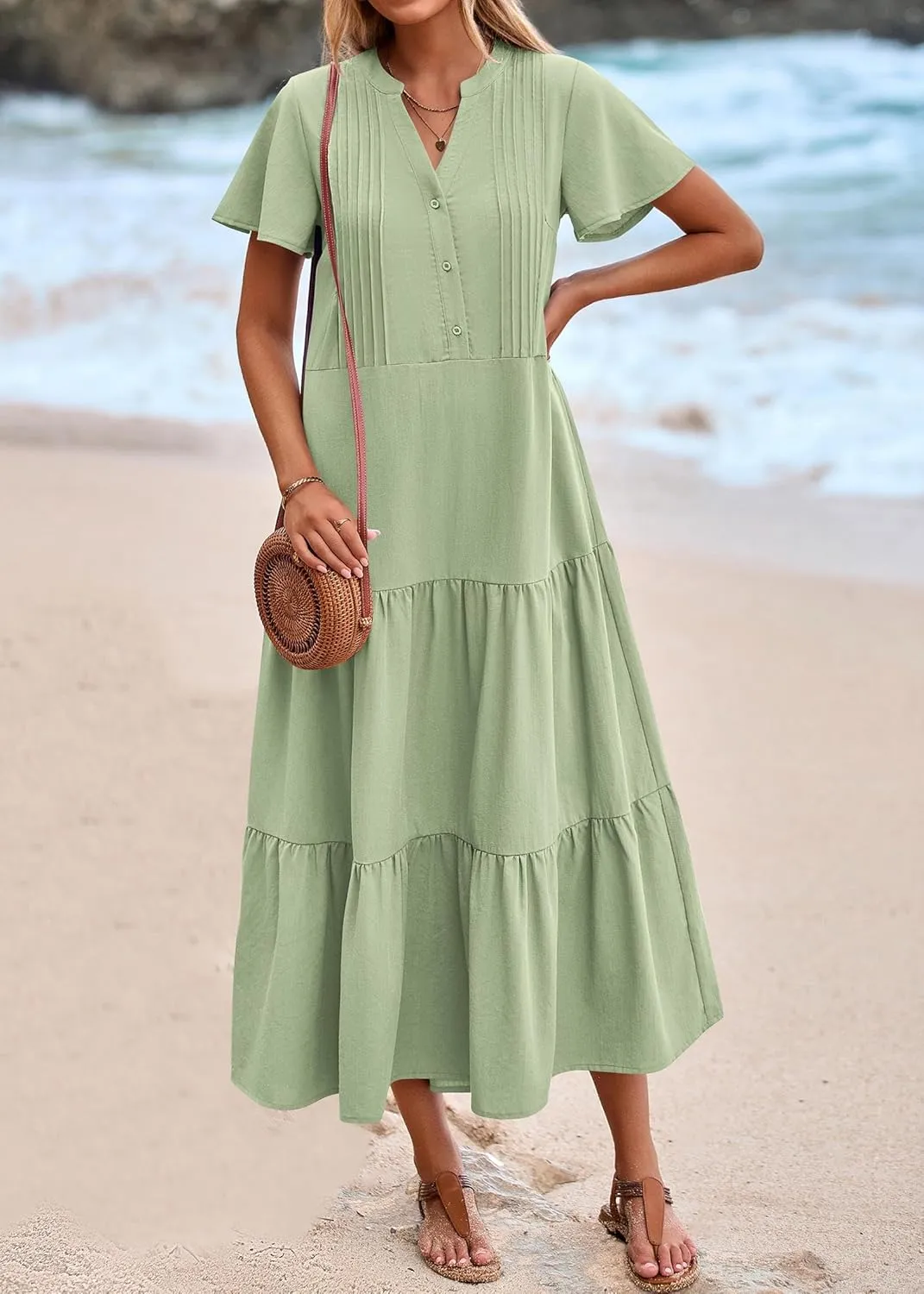 KIRUNDO Summer Maxi Dresses for Women 2025 Spring Fashion Short Sleeve Button V Neck Pleated Loose Tiered Swing Flowy Dress