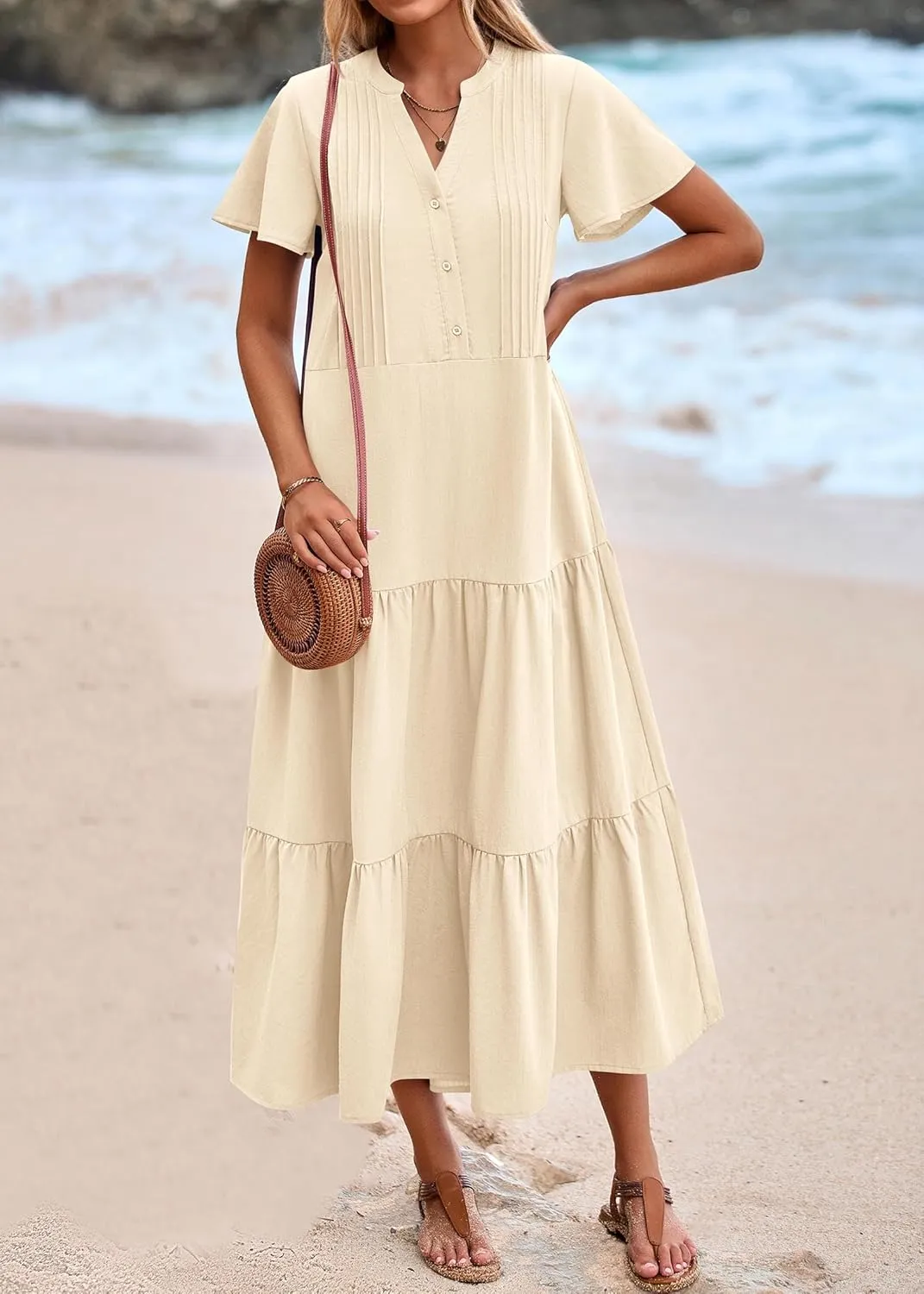 KIRUNDO Summer Maxi Dresses for Women 2025 Spring Fashion Short Sleeve Button V Neck Pleated Loose Tiered Swing Flowy Dress