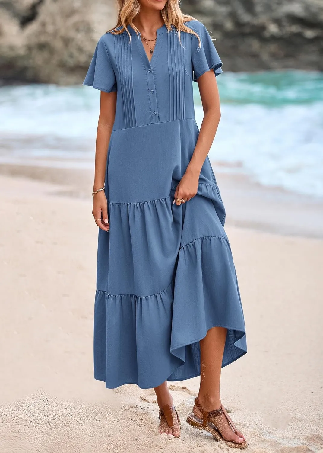 KIRUNDO Summer Maxi Dresses for Women 2025 Spring Fashion Short Sleeve Button V Neck Pleated Loose Tiered Swing Flowy Dress