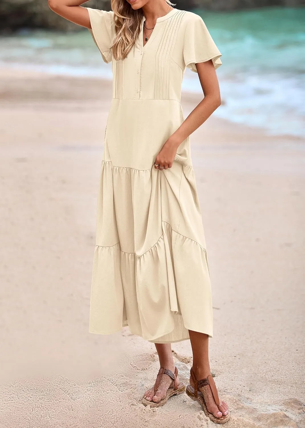 KIRUNDO Summer Maxi Dresses for Women 2025 Spring Fashion Short Sleeve Button V Neck Pleated Loose Tiered Swing Flowy Dress