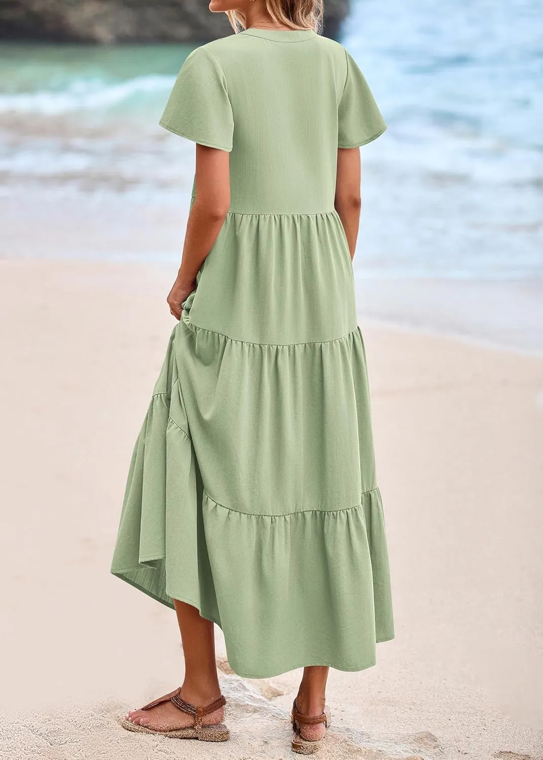 KIRUNDO Summer Maxi Dresses for Women 2025 Spring Fashion Short Sleeve Button V Neck Pleated Loose Tiered Swing Flowy Dress