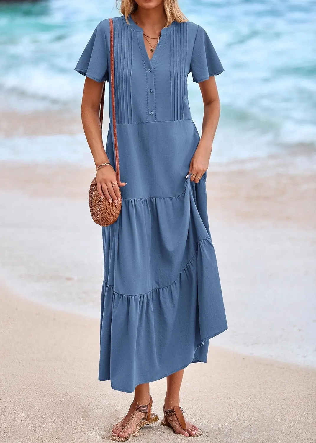 KIRUNDO Summer Maxi Dresses for Women 2025 Spring Fashion Short Sleeve Button V Neck Pleated Loose Tiered Swing Flowy Dress