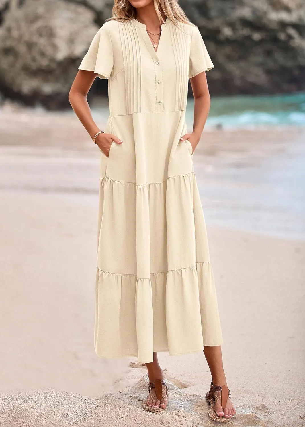 KIRUNDO Summer Maxi Dresses for Women 2025 Spring Fashion Short Sleeve Button V Neck Pleated Loose Tiered Swing Flowy Dress
