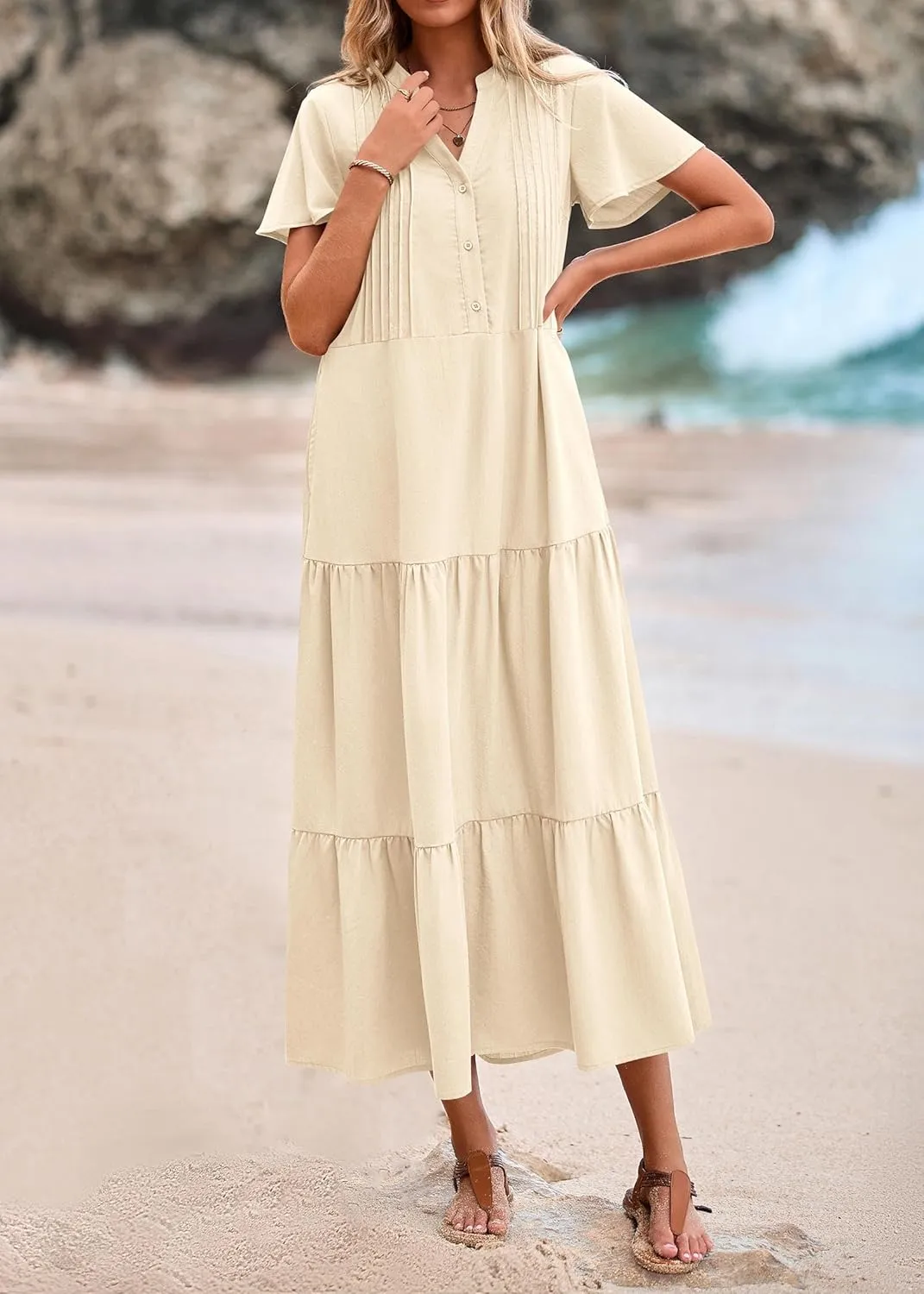 KIRUNDO Summer Maxi Dresses for Women 2025 Spring Fashion Short Sleeve Button V Neck Pleated Loose Tiered Swing Flowy Dress