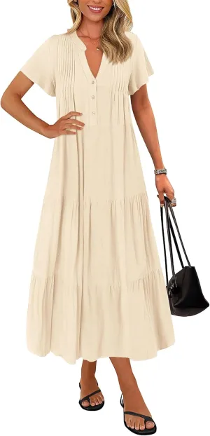 KIRUNDO Summer Maxi Dresses for Women 2025 Spring Fashion Short Sleeve Button V Neck Pleated Loose Tiered Swing Flowy Dress