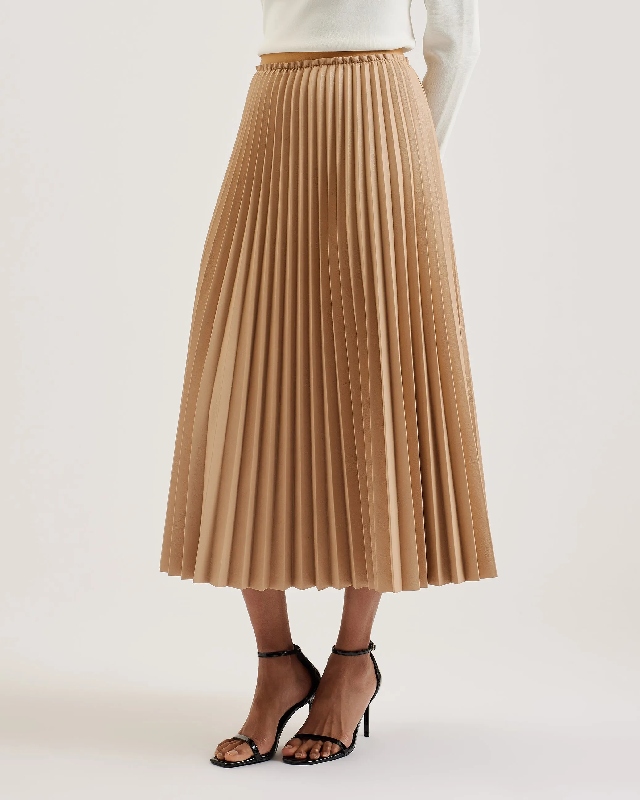 Liydah Faux Leather Pleated Skirt Camel