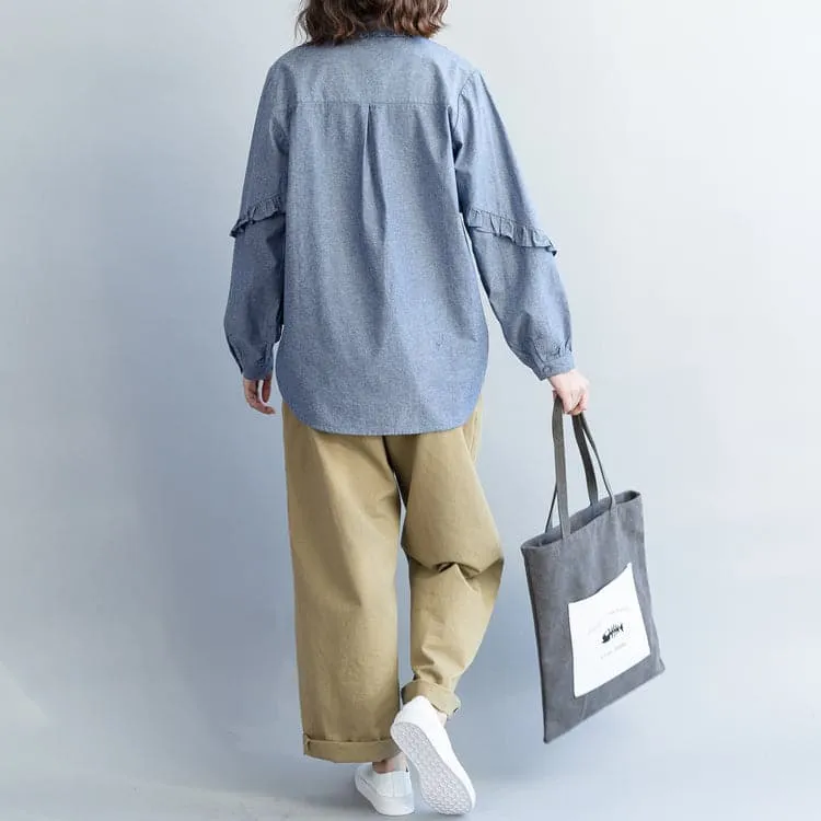 Loose cotton tops women plus size Turn-down Collar Sleeve light denim blue short shirts
