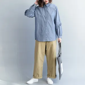 Loose cotton tops women plus size Turn-down Collar Sleeve light denim blue short shirts