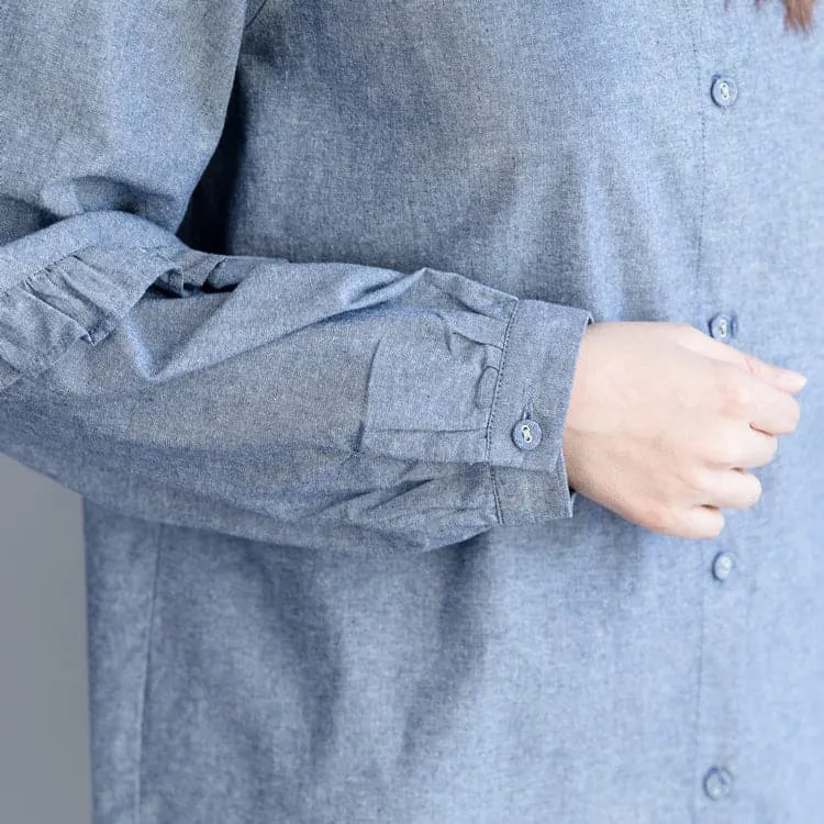 Loose cotton tops women plus size Turn-down Collar Sleeve light denim blue short shirts
