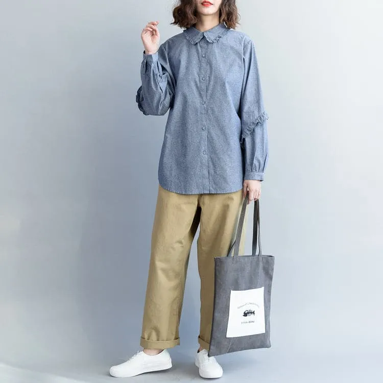 Loose cotton tops women plus size Turn-down Collar Sleeve light denim blue short shirts