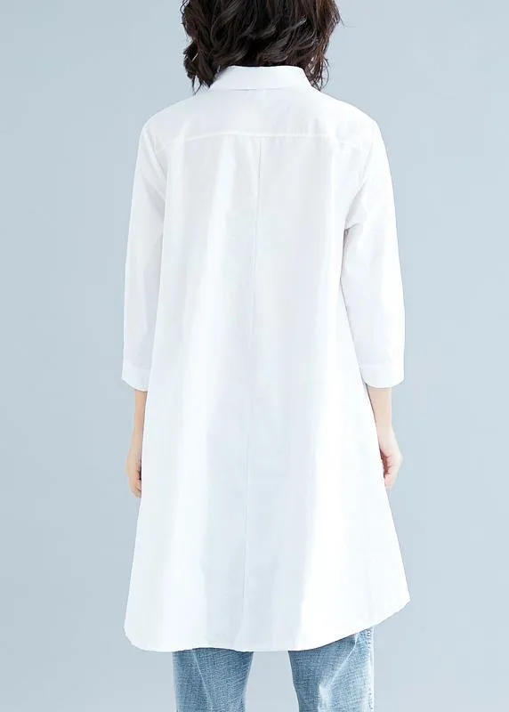 Loose white linen cotton Tunic Shirts lapel asymmetric tops