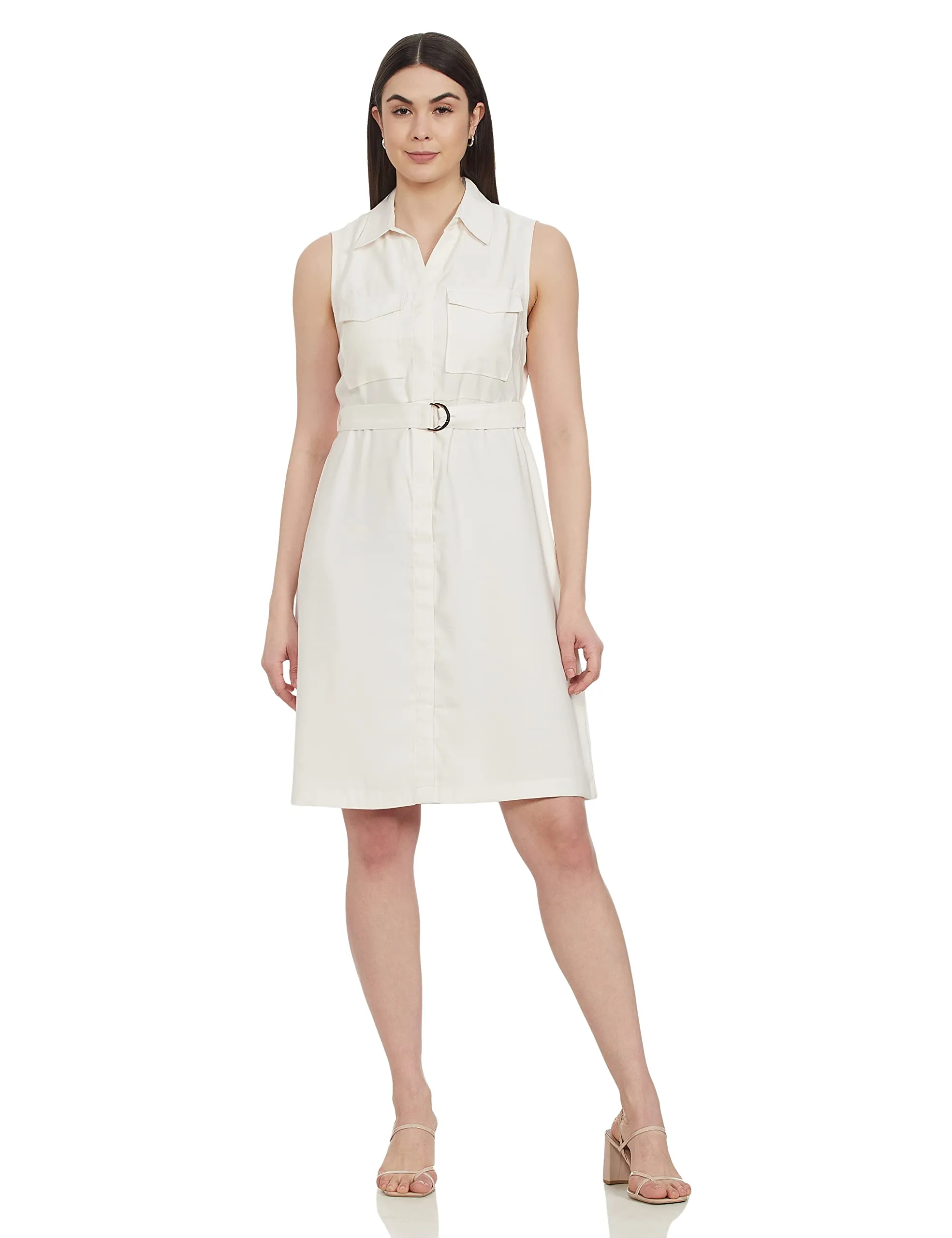 Mode by Red Tape Women's Rayon Shift Midi Dress (Off-White)