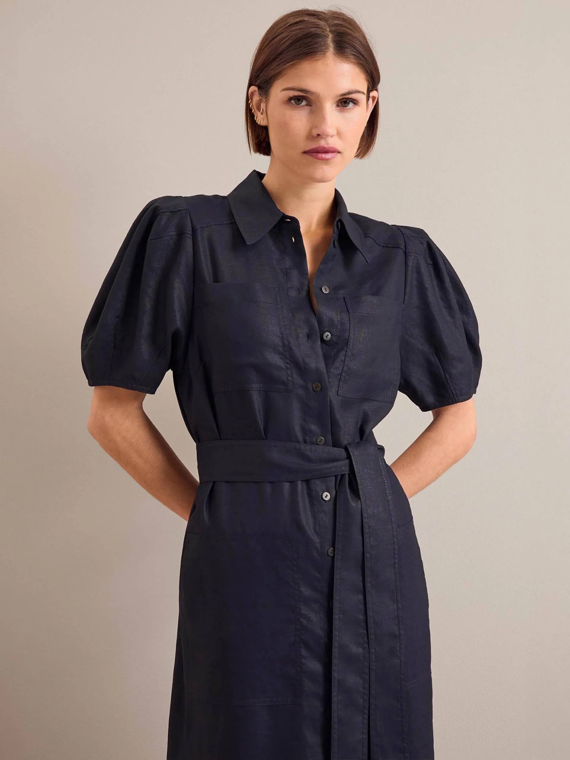 Navy Lyra techni linen maxi shirt dress