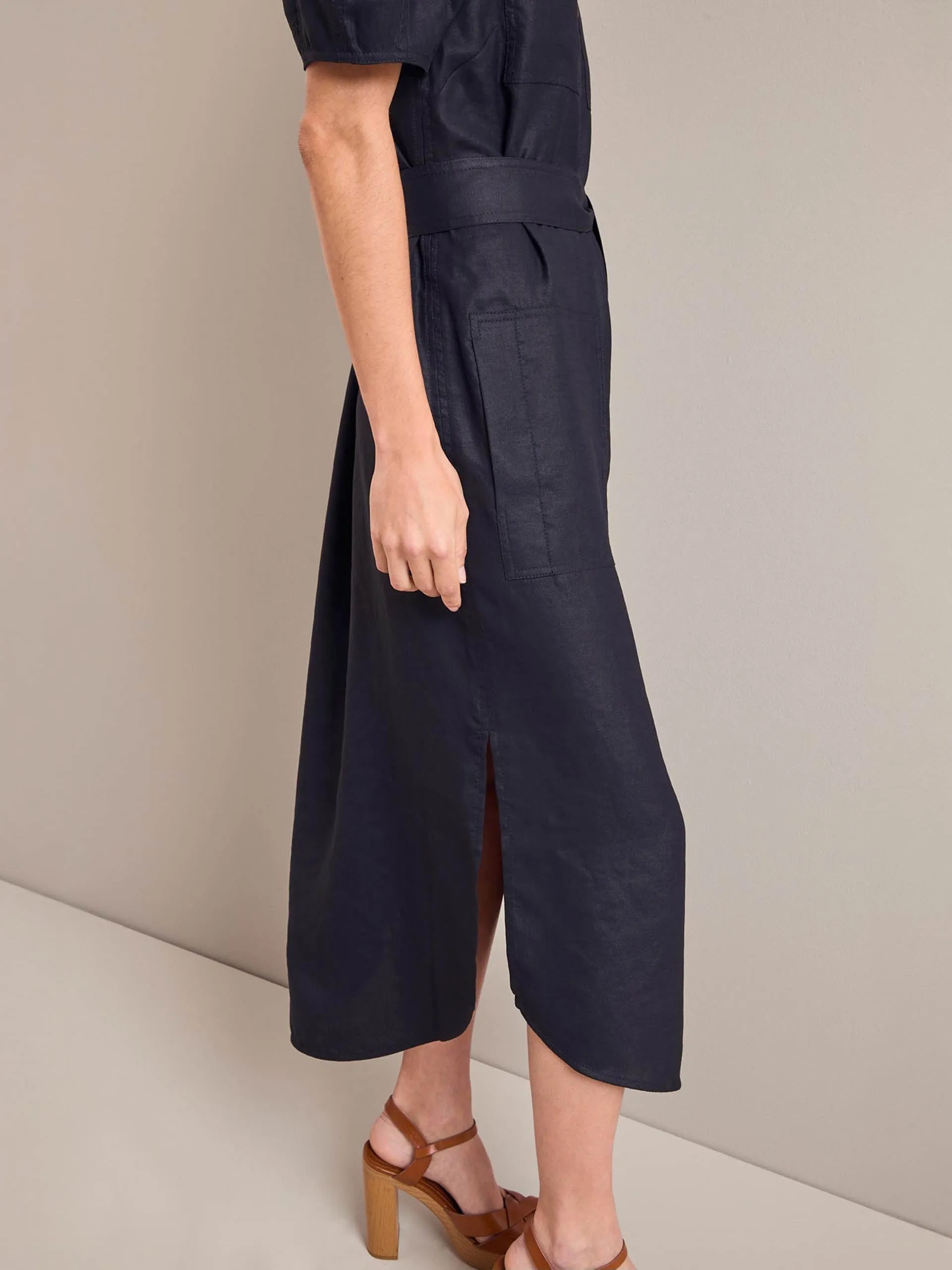 Navy Lyra techni linen maxi shirt dress